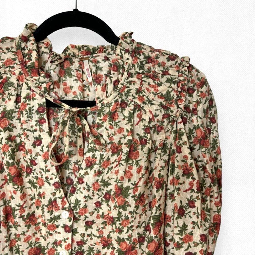 Floral Tie-Neck Puff Sleeve Blouse - Cream & Rust - Picture 5 of 12